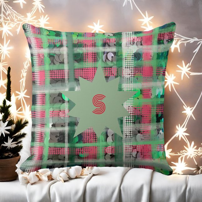 Monogram plaid red green gray white festive star  throw pillow (Creator Uploaded)