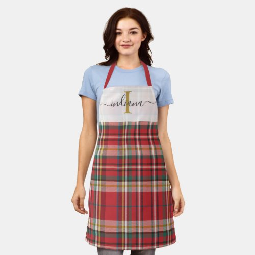 Monogram Plaid Red Green Script Rustic Apron