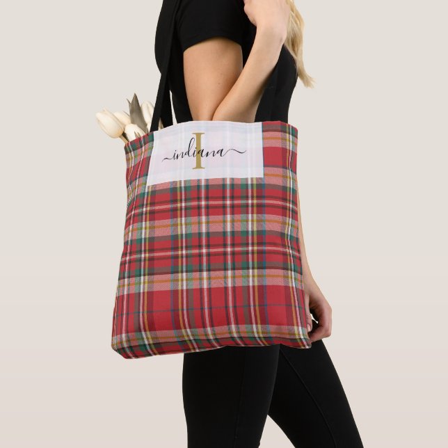 Monogram Plaid Red Green Script Rustic Tote Bag (Close Up)