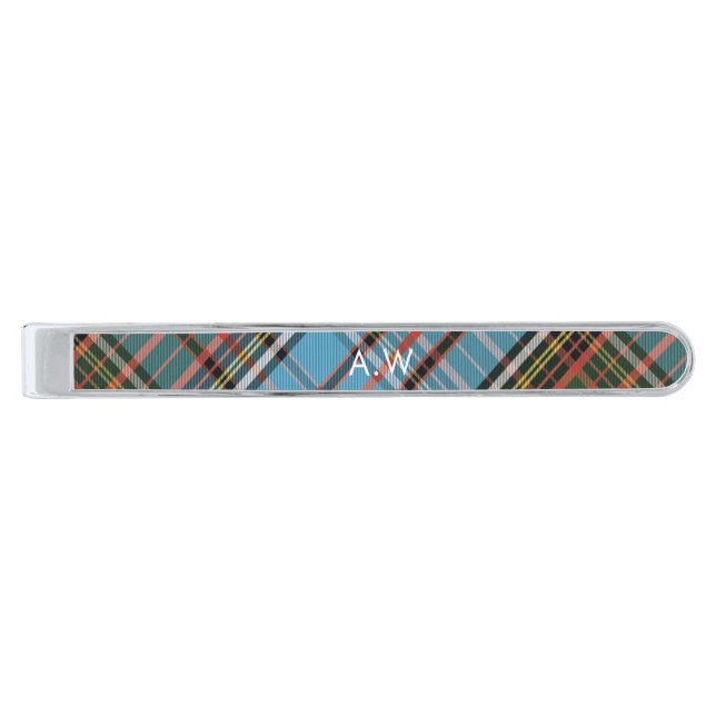 Monogram Plaid Rustic Anderson Initials Tartan Silver Finish Tie Bar (Front)