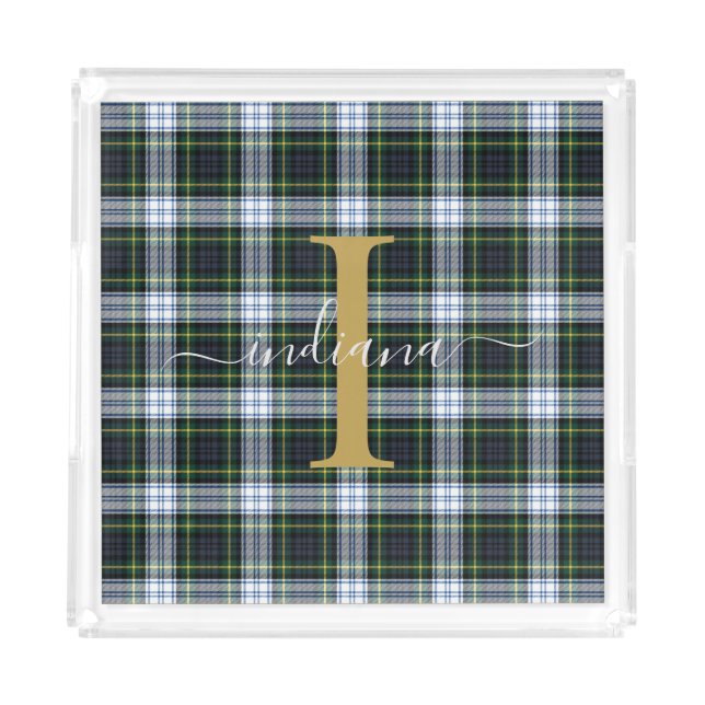 Monogram Plaid Rustic Green Mom Birthday Tartan Acrylic Tray (Front)