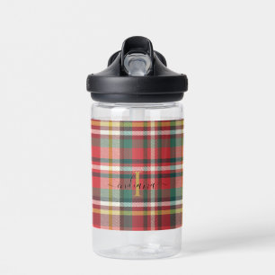 Monogram Plaid Script Name Initial Red Water Bottle