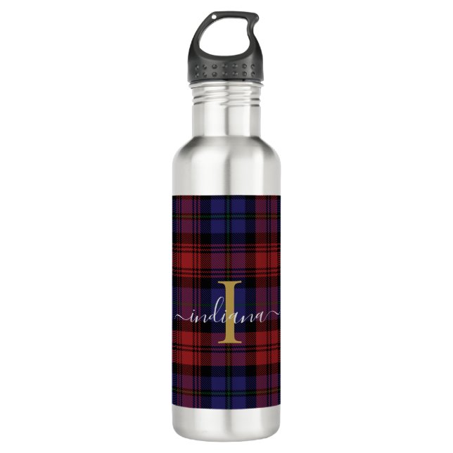 Monogram Plaid Script Tartan Rustic Stainless Steel Water Bottle (Front)