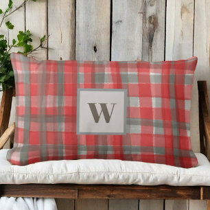 Monogram plaid tartan check red gray watercolor lumbar pillow
