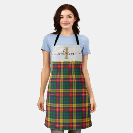 Monogram Plaid Tartan Green Red Christmas Holidays Apron