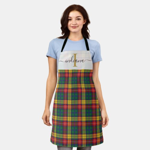 Monogram Plaid Tartan Green Red Christmas Holidays Apron