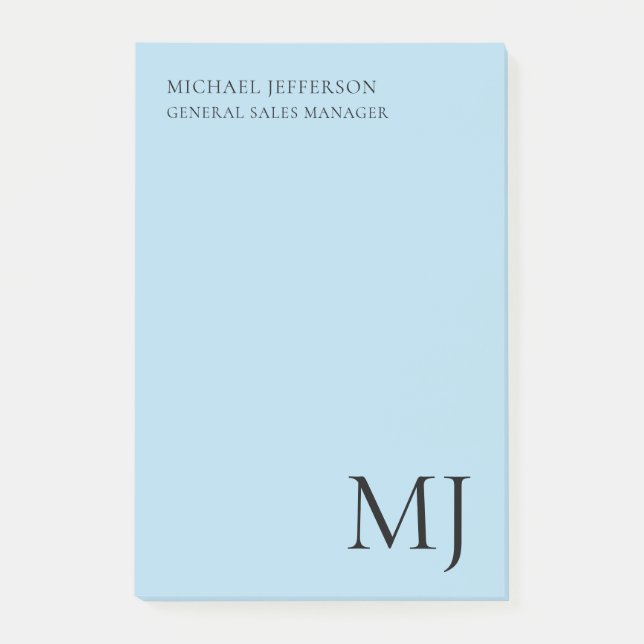 Monogram Plain Blue Trendy Business Post-it Notes (Front)