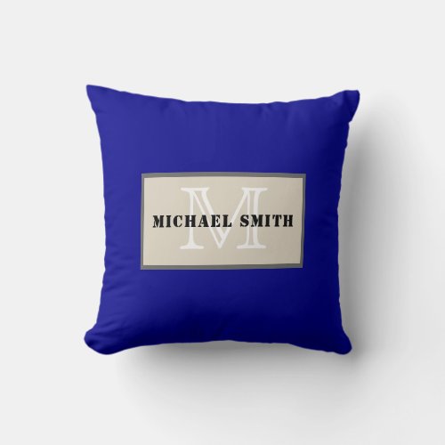 Monogram Plain Dark Blue Background Throw Pillow