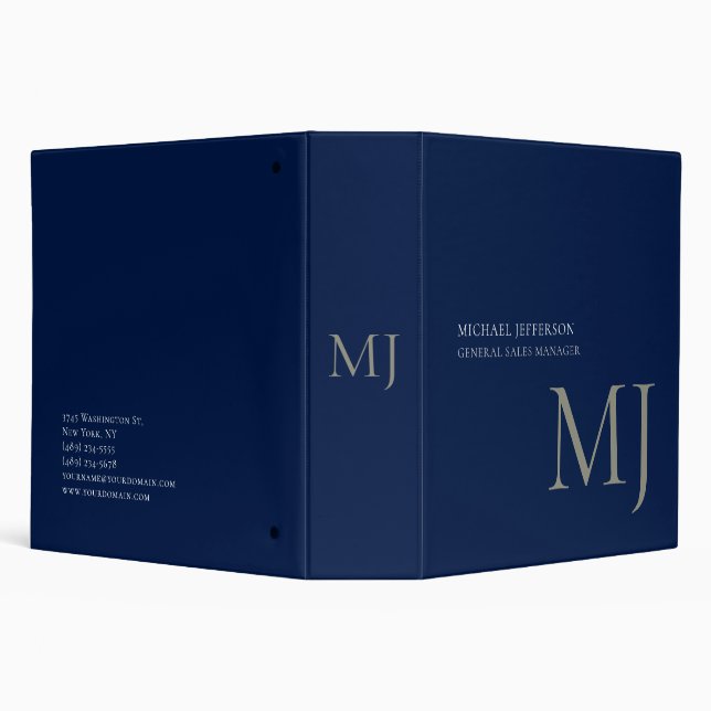 Monogram Plain Dark Blue Trendy Business 3 Ring Binder (Background)
