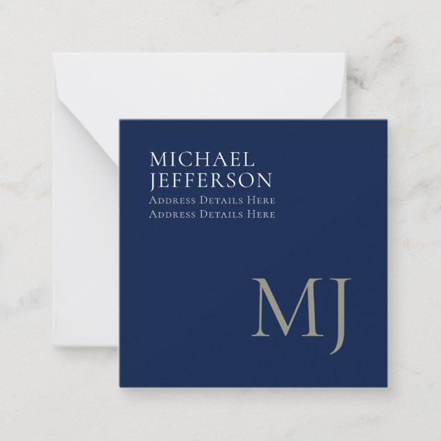 Monogram Plain Dark Blue Trendy Business Note Card (Front)