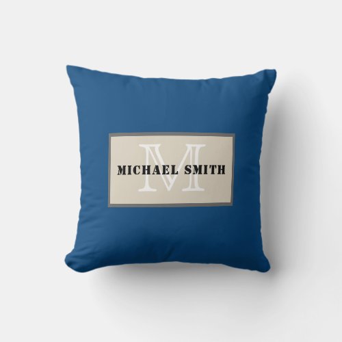 Monogram Plain Dark Cerulean Background Throw Pillow