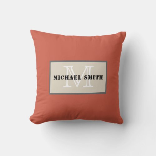 Monogram Plain Dark Coral Background Throw Pillow