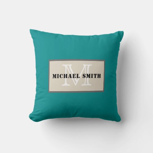 Monogram Plain Dark Cyan Background Throw Pillow