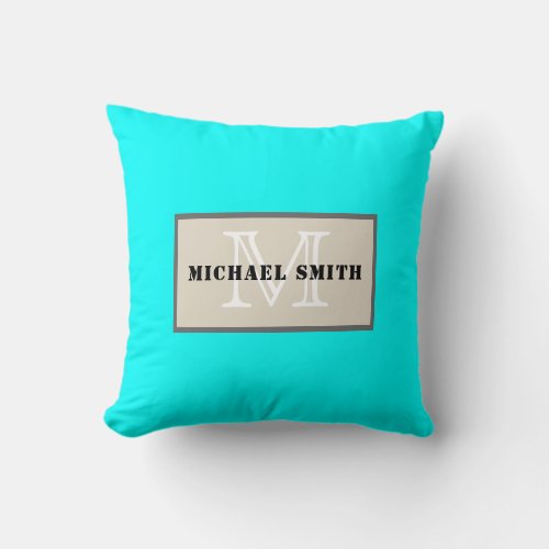 Monogram Plain Dark Cyan Background Throw Pillow