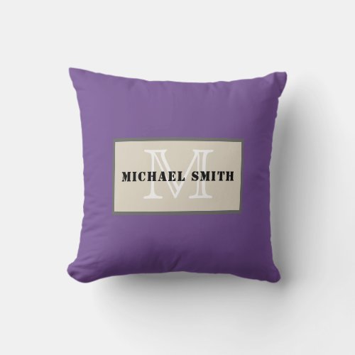 Monogram Plain Dark Lavender Background Throw Pillow