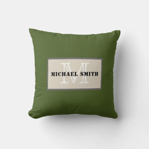 Monogram Plain Dark Moss Green Background Throw Pillow