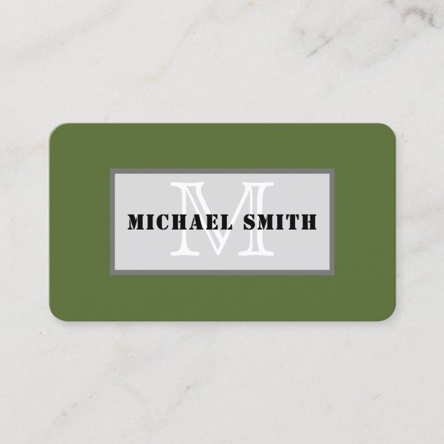 Monogram Plain Dark Olive Green Background Business Card (Front)