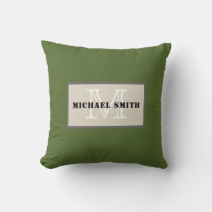 Monogram Plain Dark Olive Green Background Throw Pillow