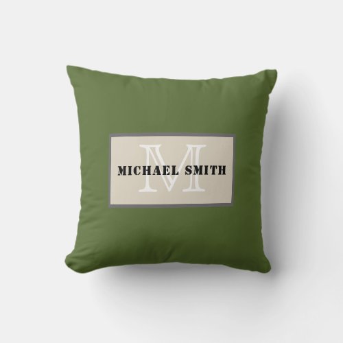 Monogram Plain Dark Olive Green Background Throw Pillow