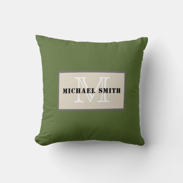 Monogram Plain Dark Olive Green Background Throw Pillow (Front)