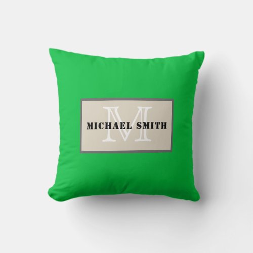 Monogram Plain Dark Pastel Green Background Throw Pillow