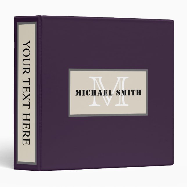 Monogram Plain Dark Purple Background 3 Ring Binder (Front/Spine)