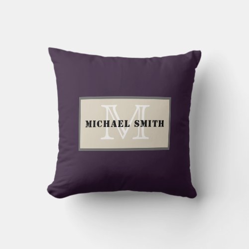 Monogram Plain Dark Purple Background Throw Pillow