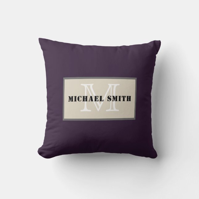 Monogram Plain Dark Purple Background Throw Pillow (Front)