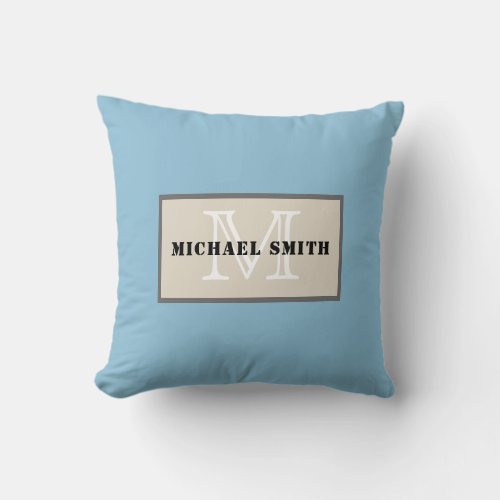 Monogram Plain Dark Sky Blue Background Throw Pillow