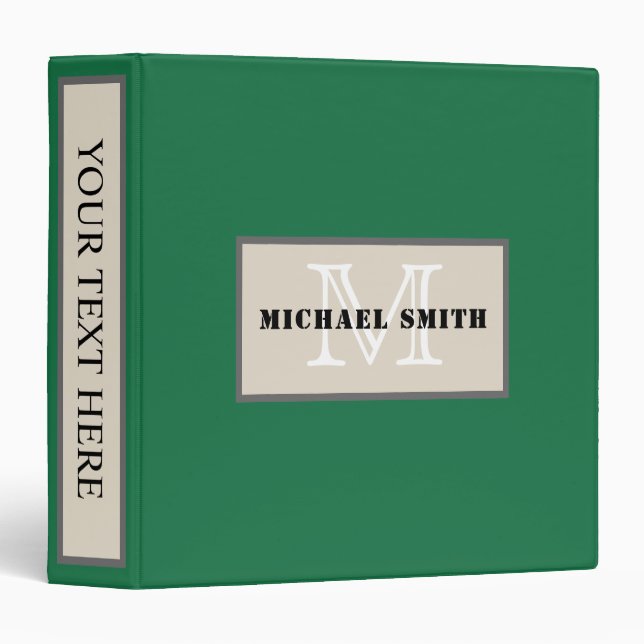 Monogram Plain Dark Spring Green Background 3 Ring Binder (Front/Spine)
