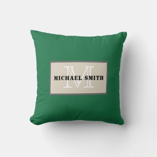 Monogram Plain Dark Spring Green Background Throw Pillow