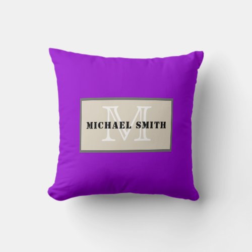 Monogram Plain Dark Violet Background Throw Pillow