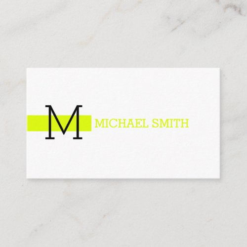 Monogram Plain White Elegant Modern Chartreuse Business Card