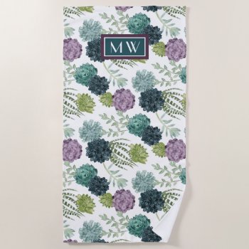 Monogram | Plant Happiness Collection Succulent Pa Beach Towel by worldartgroup at Zazzle