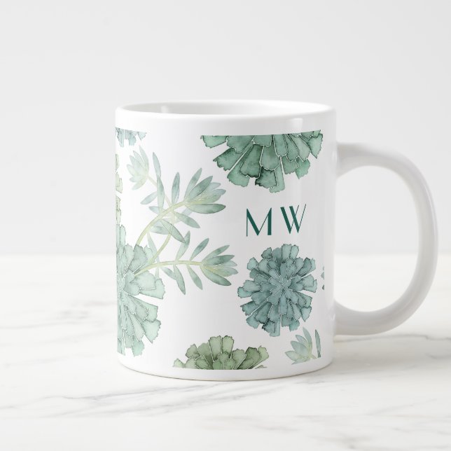 Monogram | Plant Happiness | Succulent Pattern Giant Coffee Mug (Right)