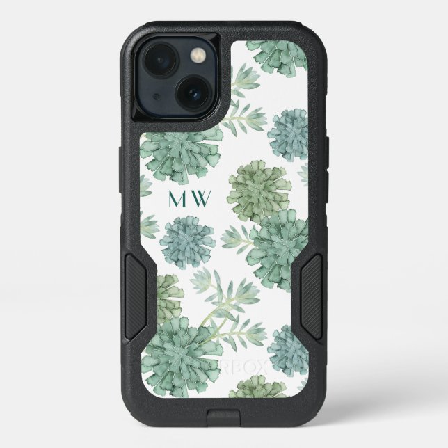 Monogram | Plant Happiness | Succulent Pattern Otterbox iPhone Case (Back)