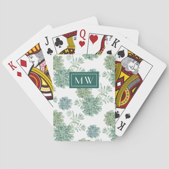 Monogram | Plant Happiness | Succulent Pattern Poker Cards (Back)