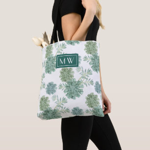 Monogram Plant Happiness Succulent Pattern Tote Bag