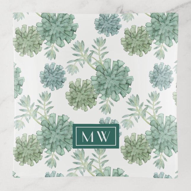 Monogram | Plant Happiness | Succulent Pattern Trinket Tray (Front)