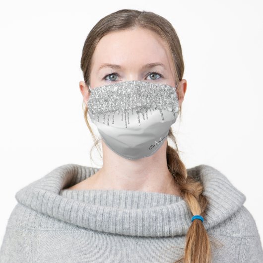 Monogram Platinum Silver Dripping Glitter Metallic Adult Cloth Face Mask (Worn)