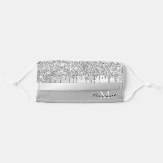 Monogram Platinum Silver Dripping Glitter Metallic Adult Cloth Face Mask (Front, Folded)