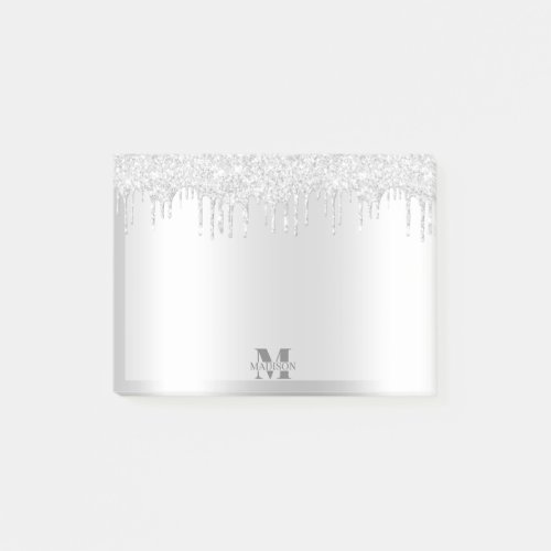 Monogram Platinum Silver Dripping Glitter Metallic Post_it Notes