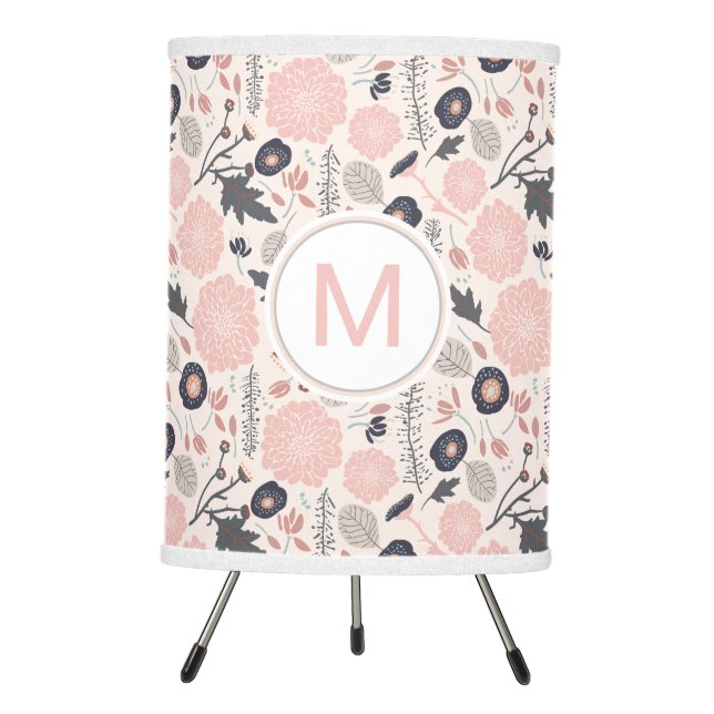 Monogram Playful Tossed Pink Gray Floral Pattern Tripod Lamp (Front)