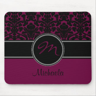Monogram Plum Black White Damask Mousepad