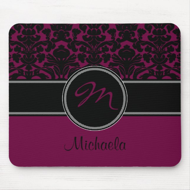 Monogram Plum Black White Damask Mousepad (Front)