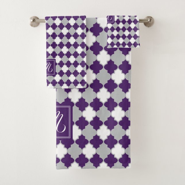 Monogram Plum Purple, Gray and White Quatrefoil Bath Towel Set (Insitu)