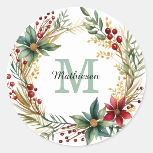 Monogram Poinsettia Wreath Holiday Correspondence Classic Round Sticker