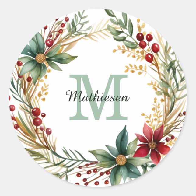 Monogram Poinsettia Wreath Holiday Correspondence Classic Round Sticker (Front)