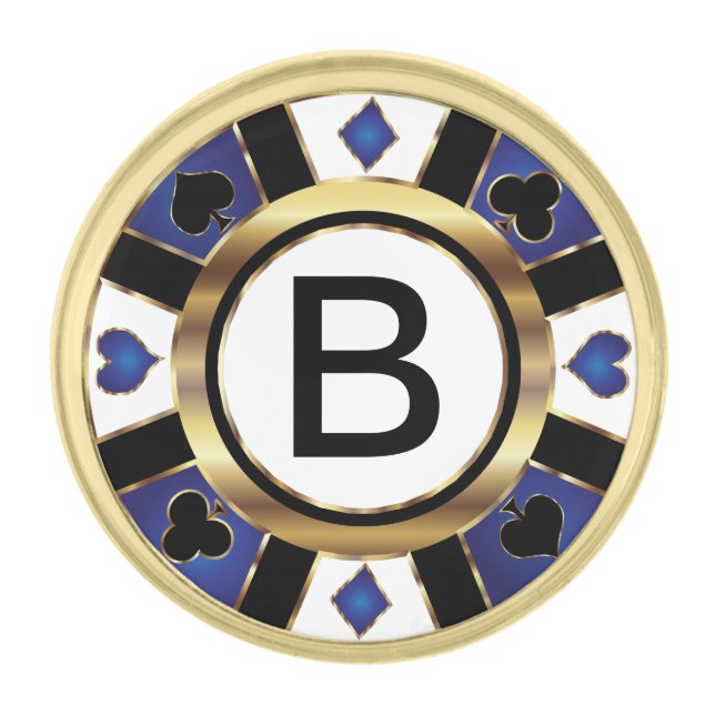 Monogram Poker Chip - Blue Gold Finish Lapel Pin (Front)