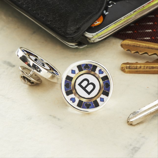 Monogram Poker Chip - Blue Gold Finish Lapel Pin (In Situ)